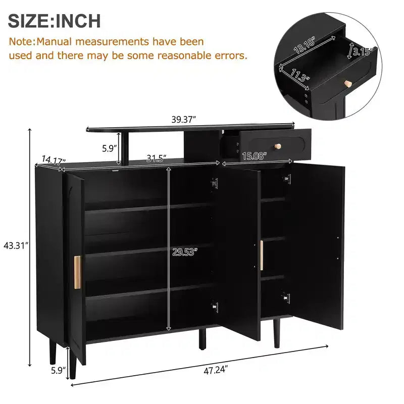 Whisen Contemporary Shoe Cabinet with Adjustable Shelves, Solid Wood Legs & Storage Sideboard