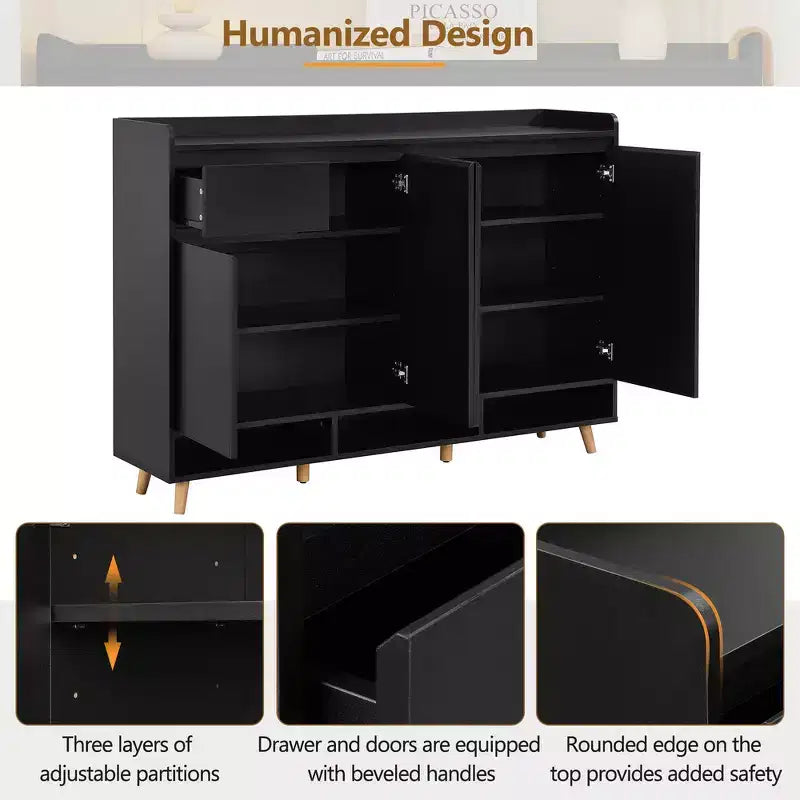 Whisen Contemporary Shoe Cabinet with Adjustable Shelves, Solid Wood Legs & Storage Sideboard