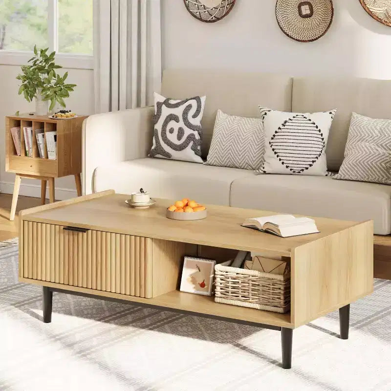 42 Fluted Coffee Table with Drawers, Light Wood Finish, Mid-Century Modern Design, Sturdy & Easy Assembly