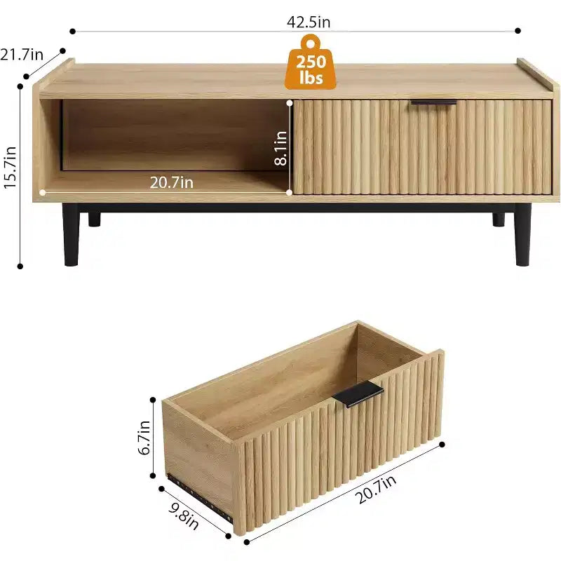 42 Fluted Coffee Table with Drawers, Light Wood Finish, Mid-Century Modern Design, Sturdy & Easy Assembly