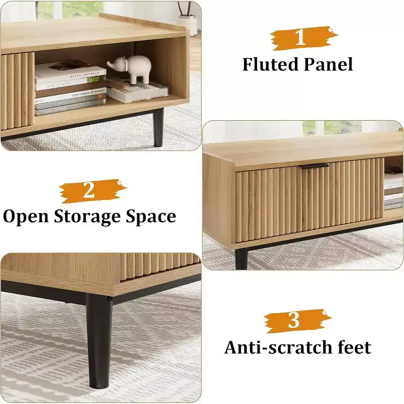 42 Fluted Coffee Table with Drawers, Light Wood Finish, Mid-Century Modern Design, Sturdy & Easy Assembly
