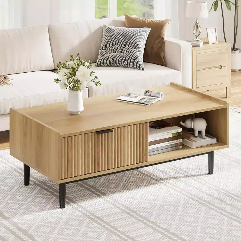 42 Fluted Coffee Table with Drawers, Light Wood Finish, Mid-Century Modern Design, Sturdy & Easy Assembly