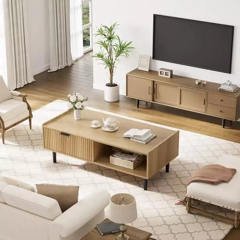 42 Fluted Coffee Table with Drawers, Light Wood Finish, Mid-Century Modern Design, Sturdy & Easy Assembly