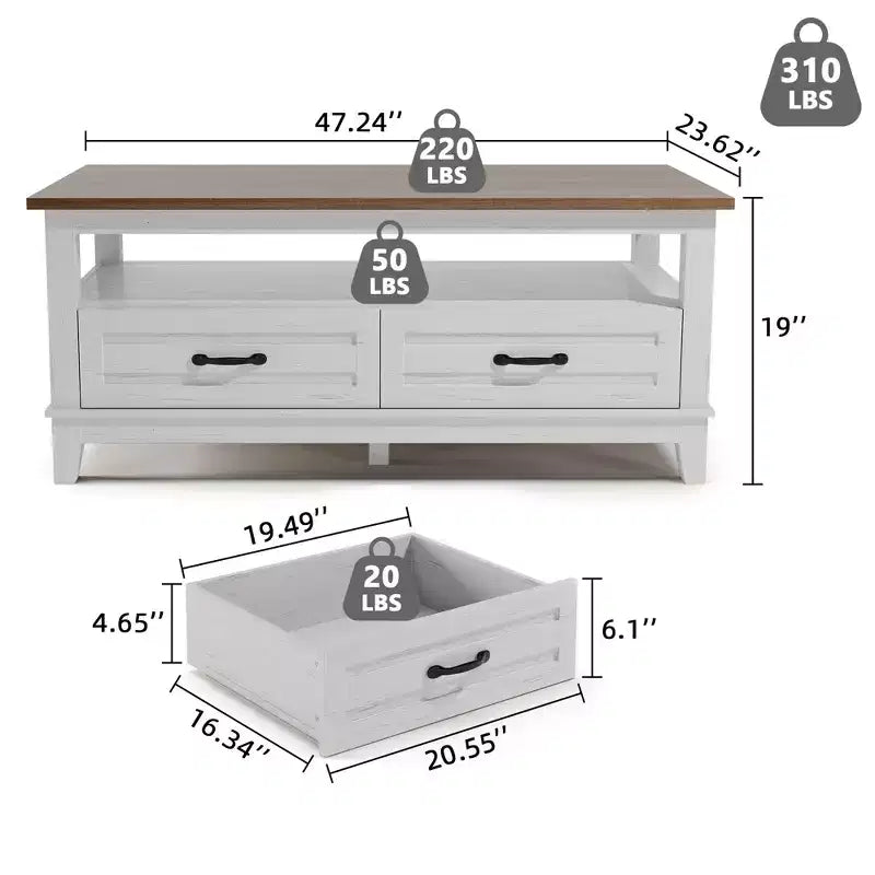 47 Modern Coffee Table with Storage, Rectangle Center Table with 2 Drawers, Accent Cocktail Table End Table, Wooden TV Stand with Open Shelf