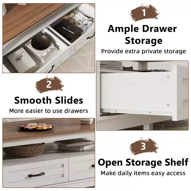 47 Modern Coffee Table with Storage, Rectangle Center Table with 2 Drawers, Accent Cocktail Table End Table, Wooden TV Stand with Open Shelf