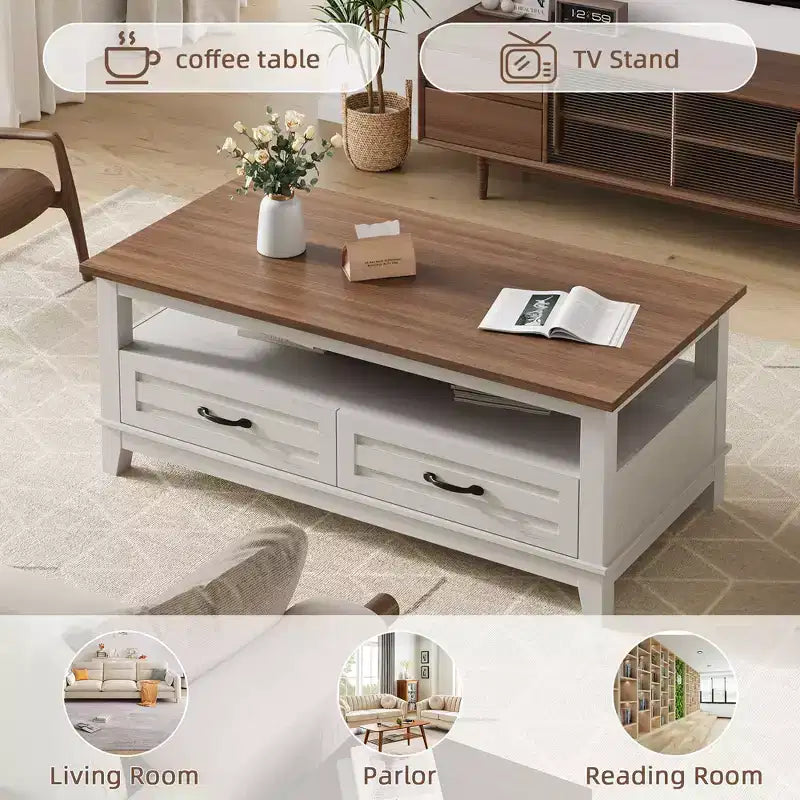 47 Modern Coffee Table with Storage, Rectangle Center Table with 2 Drawers, Accent Cocktail Table End Table, Wooden TV Stand with Open Shelf