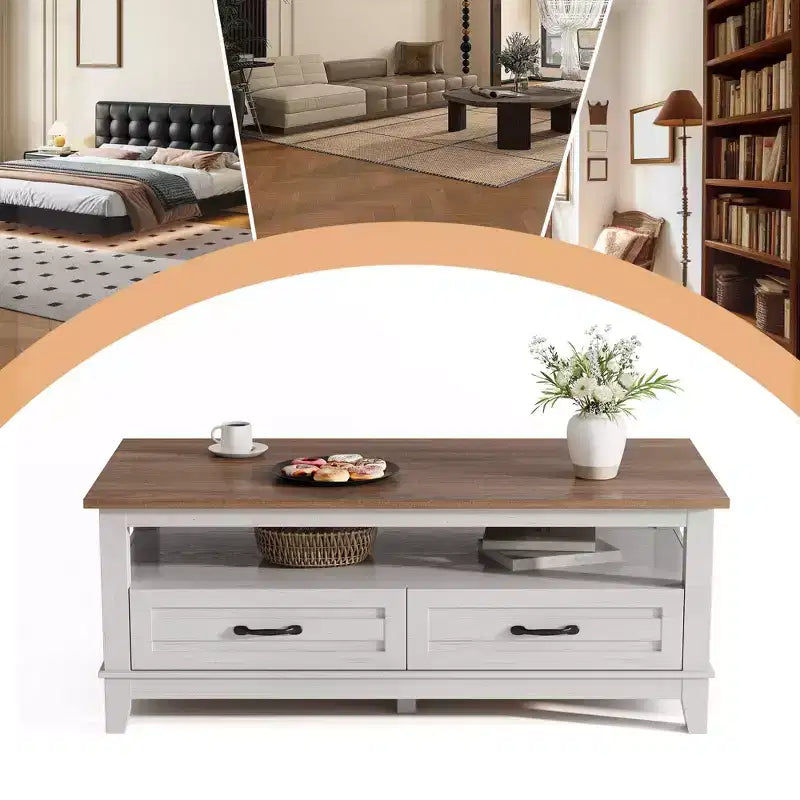 47 Modern Coffee Table with Storage, Rectangle Center Table with 2 Drawers, Accent Cocktail Table End Table, Wooden TV Stand with Open Shelf
