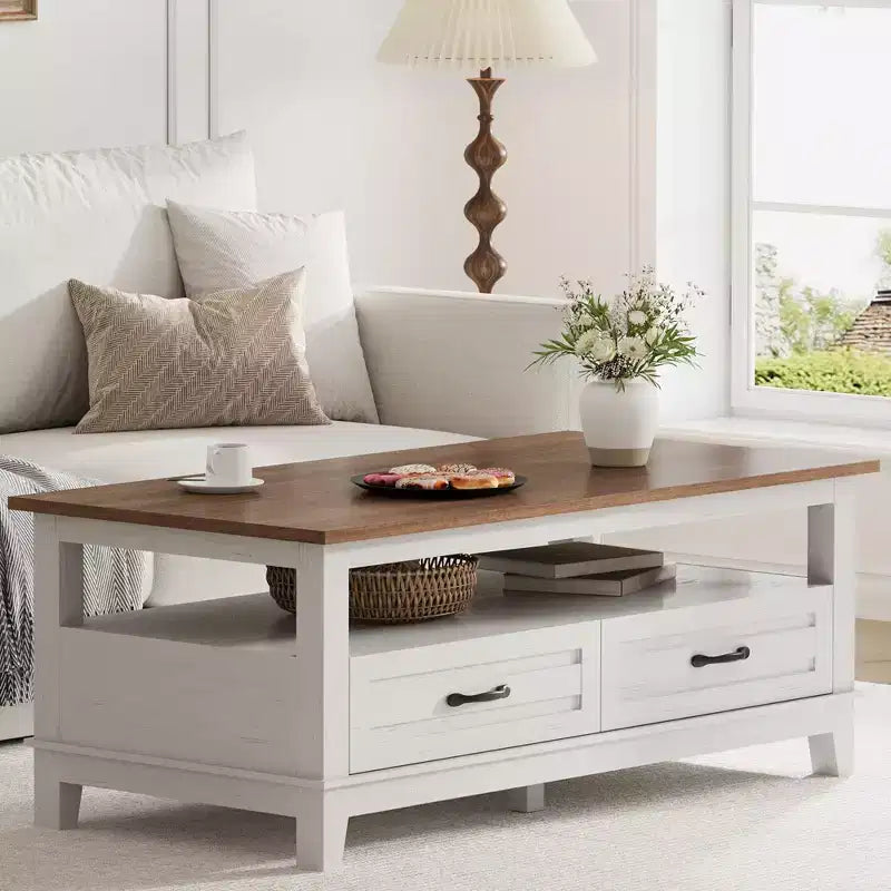 47 Modern Coffee Table with Storage, Rectangle Center Table with 2 Drawers, Accent Cocktail Table End Table, Wooden TV Stand with Open Shelf
