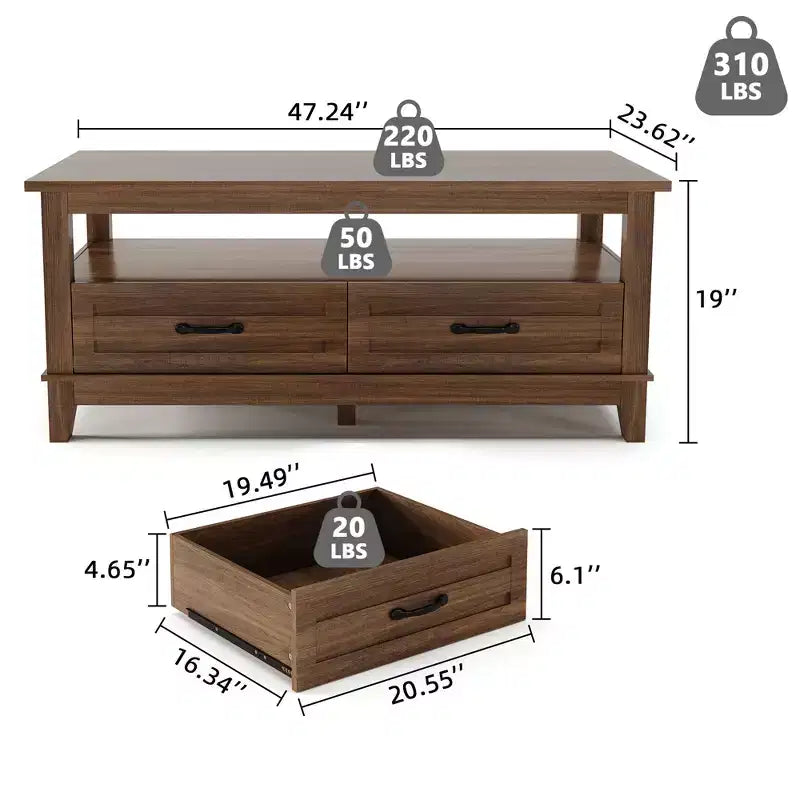 47 Modern Coffee Table with Storage, Rectangle Center Table with 2 Drawers, Accent Cocktail Table End Table, Wooden TV Stand with Open Shelf