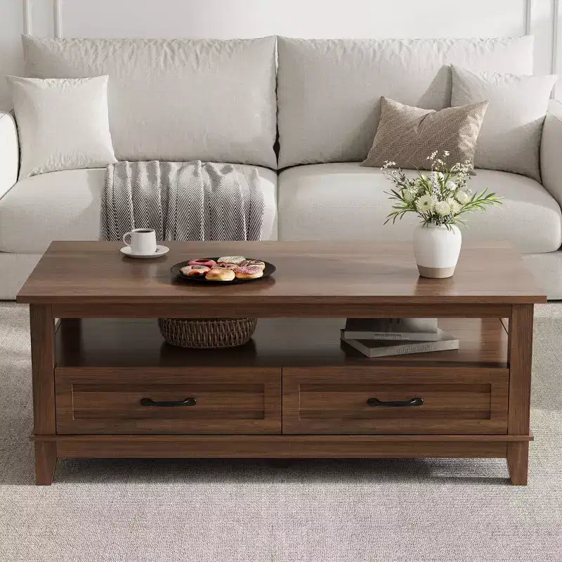 47 Modern Coffee Table with Storage, Rectangle Center Table with 2 Drawers, Accent Cocktail Table End Table, Wooden TV Stand with Open Shelf