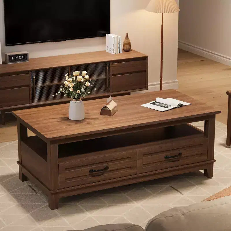 47 Modern Coffee Table with Storage, Rectangle Center Table with 2 Drawers, Accent Cocktail Table End Table, Wooden TV Stand with Open Shelf