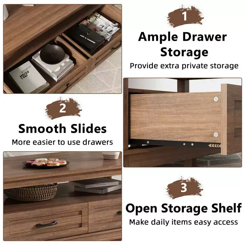 47 Modern Coffee Table with Storage, Rectangle Center Table with 2 Drawers, Accent Cocktail Table End Table, Wooden TV Stand with Open Shelf