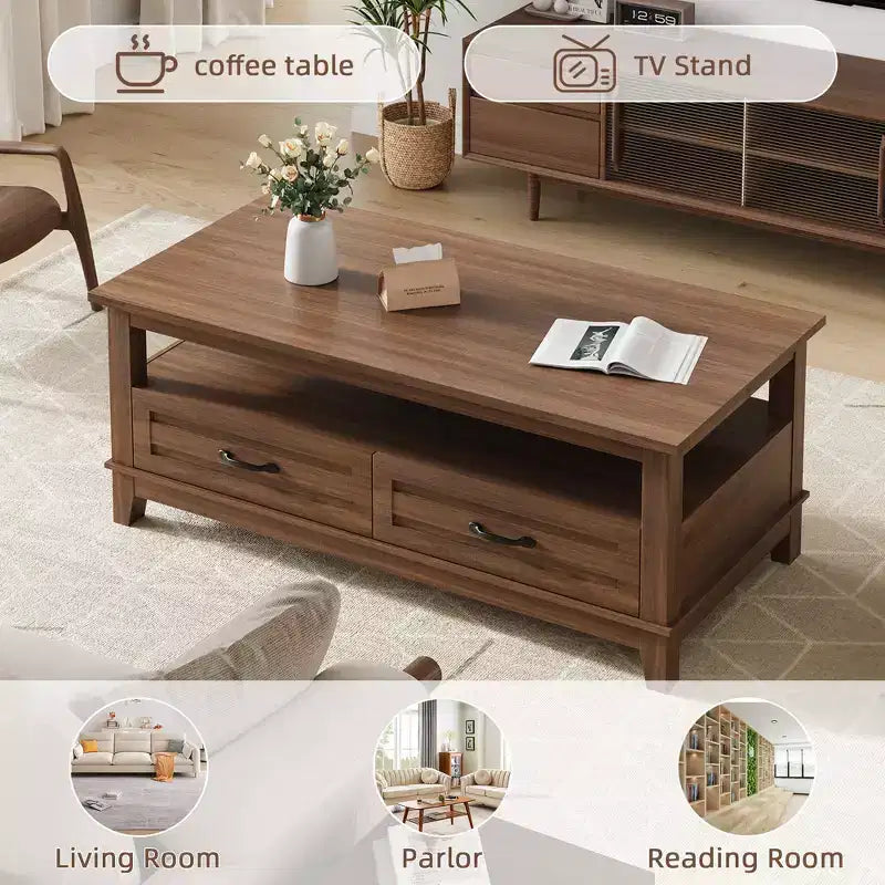 47 Modern Coffee Table with Storage, Rectangle Center Table with 2 Drawers, Accent Cocktail Table End Table, Wooden TV Stand with Open Shelf