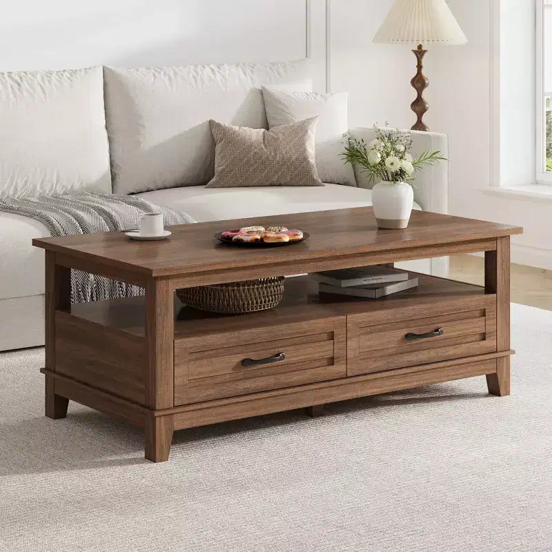 47 Modern Coffee Table with Storage, Rectangle Center Table with 2 Drawers, Accent Cocktail Table End Table, Wooden TV Stand with Open Shelf