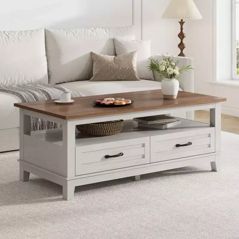 47 Modern Coffee Table with Storage, Rectangle Center Table with 2 Drawers, Accent Cocktail Table End Table, Wooden TV Stand with Open Shelf