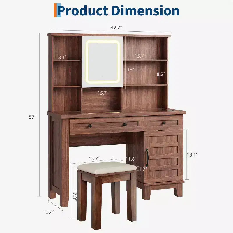 Farmhouse Makeup Vanity Desk with Mirror and Lights, Power Outlet, 2 Drawers and Cushioned Stool, Glass Top for Bedroom Dressing Room