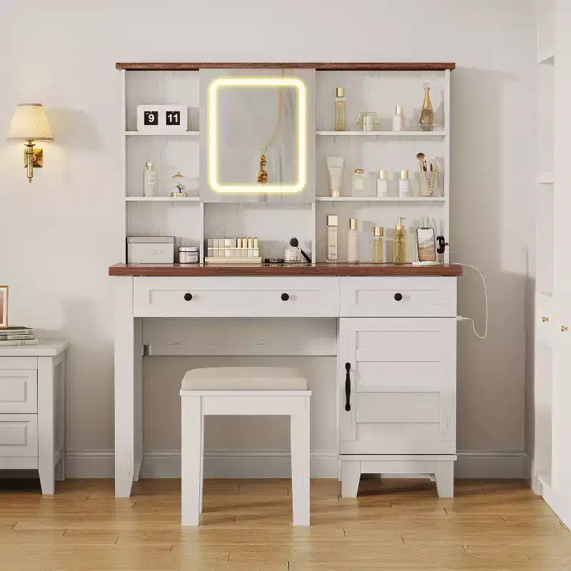 Farmhouse Makeup Vanity Desk with Mirror and Lights, Power Outlet, 2 Drawers and Cushioned Stool, Glass Top for Bedroom Dressing Room