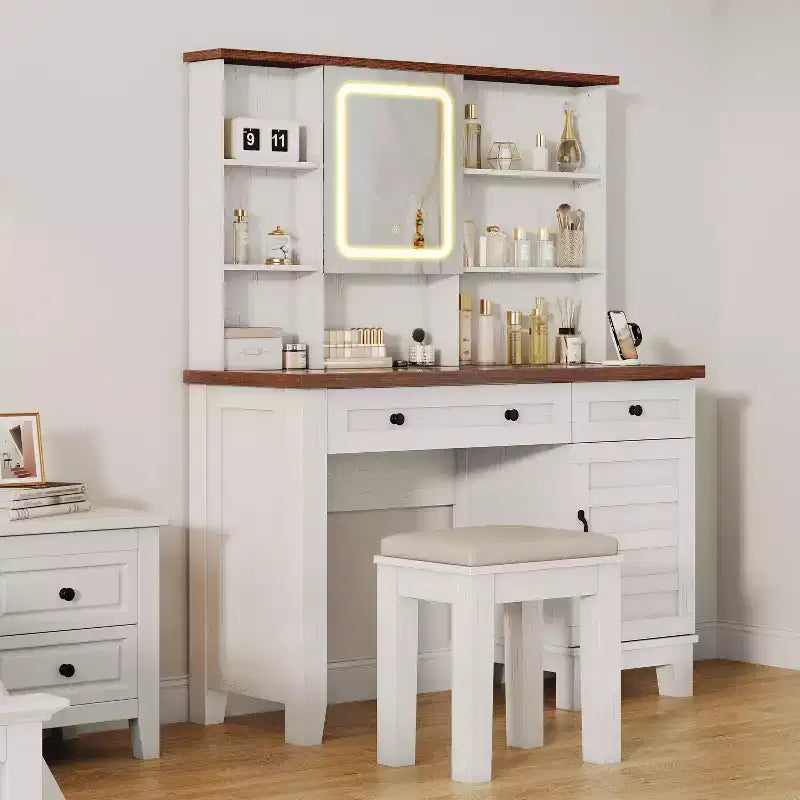 Farmhouse Makeup Vanity Desk with Mirror and Lights, Power Outlet, 2 Drawers and Cushioned Stool, Glass Top for Bedroom Dressing Room
