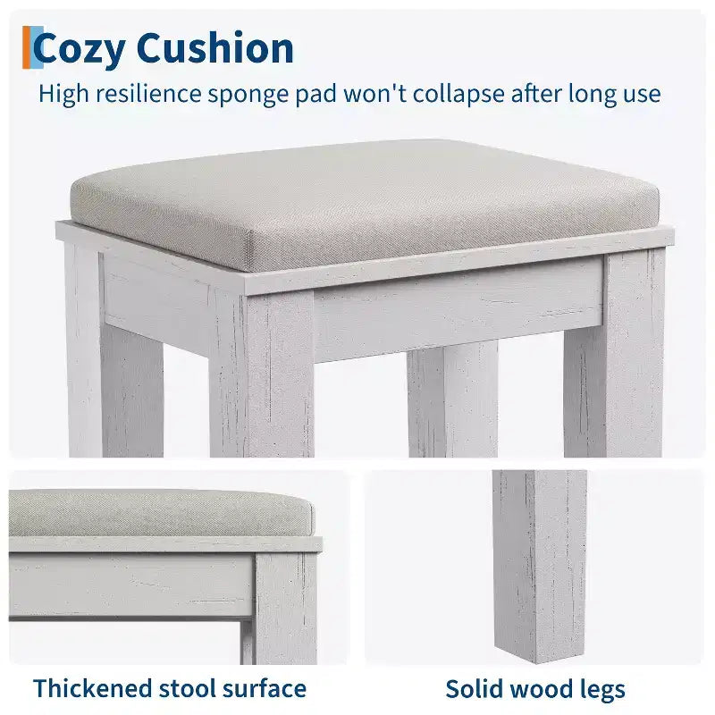 Farmhouse Makeup Vanity Desk with Mirror and Lights, Power Outlet, 2 Drawers and Cushioned Stool, Glass Top for Bedroom Dressing Room