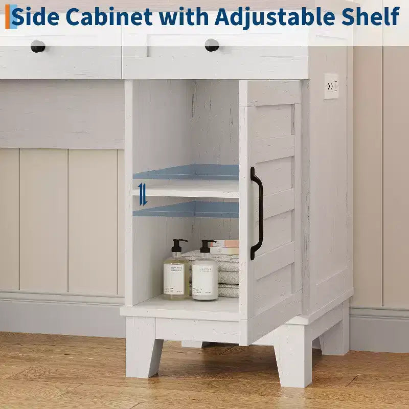 Farmhouse Makeup Vanity Desk with Mirror and Lights, Power Outlet, 2 Drawers and Cushioned Stool, Glass Top for Bedroom Dressing Room