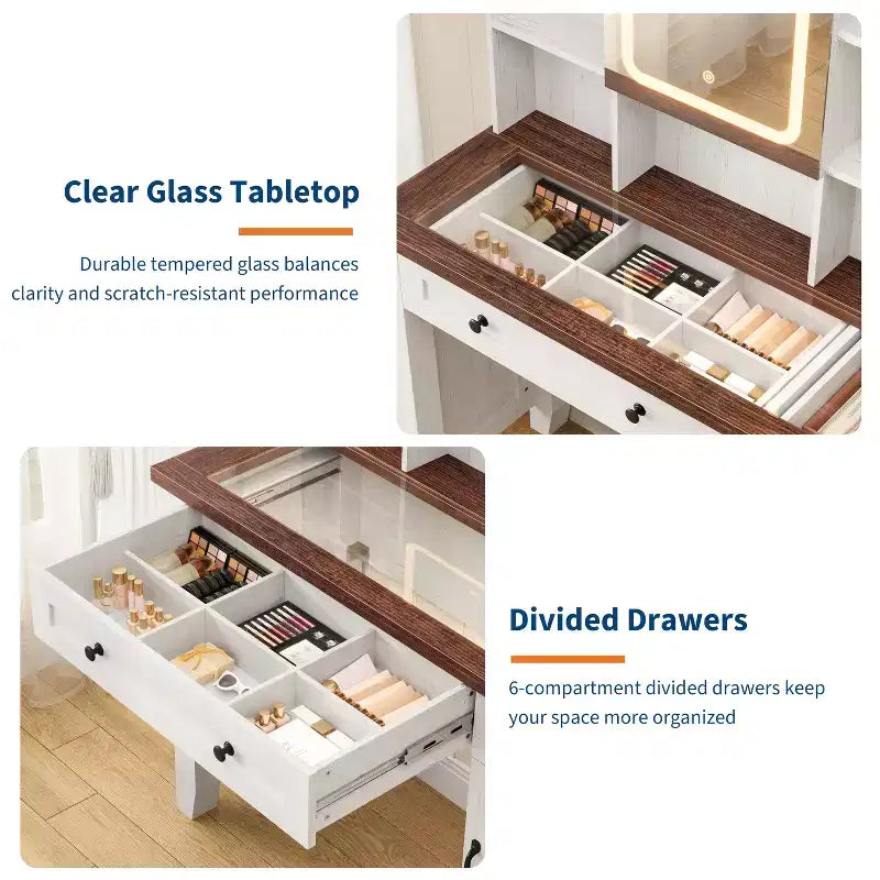 Farmhouse Makeup Vanity Desk with Mirror and Lights, Power Outlet, 2 Drawers and Cushioned Stool, Glass Top for Bedroom Dressing Room