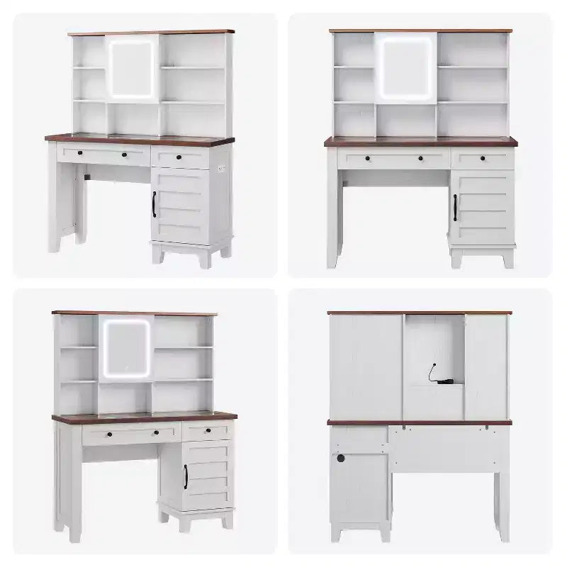 Farmhouse Makeup Vanity Desk with Mirror and Lights, Power Outlet, 2 Drawers and Cushioned Stool, Glass Top for Bedroom Dressing Room