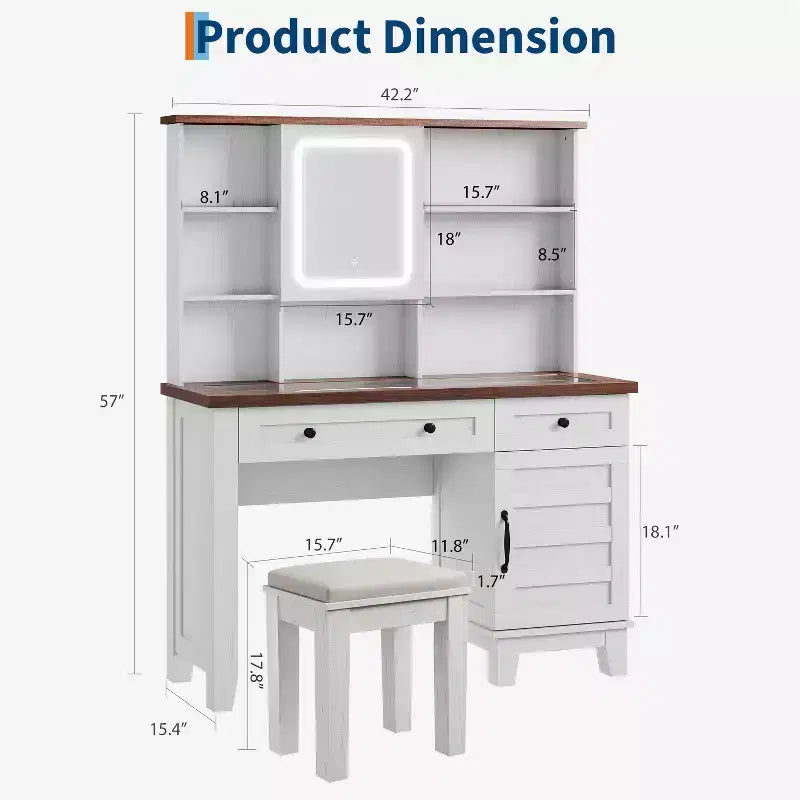 Farmhouse Makeup Vanity Desk with Mirror and Lights, Power Outlet, 2 Drawers and Cushioned Stool, Glass Top for Bedroom Dressing Room