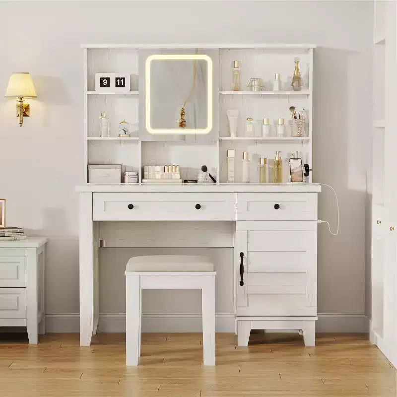 Farmhouse Makeup Vanity Desk with Mirror and Lights, Power Outlet, 2 Drawers and Cushioned Stool, Glass Top for Bedroom Dressing Room