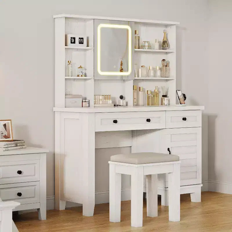 Farmhouse Makeup Vanity Desk with Mirror and Lights, Power Outlet, 2 Drawers and Cushioned Stool, Glass Top for Bedroom Dressing Room