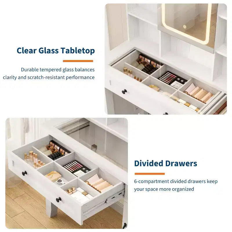 Farmhouse Makeup Vanity Desk with Mirror and Lights, Power Outlet, 2 Drawers and Cushioned Stool, Glass Top for Bedroom Dressing Room