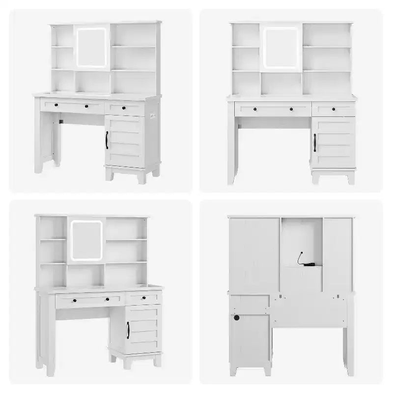 Farmhouse Makeup Vanity Desk with Mirror and Lights, Power Outlet, 2 Drawers and Cushioned Stool, Glass Top for Bedroom Dressing Room