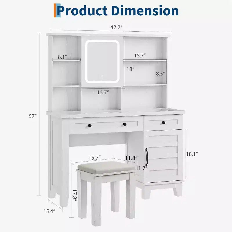 Farmhouse Makeup Vanity Desk with Mirror and Lights, Power Outlet, 2 Drawers and Cushioned Stool, Glass Top for Bedroom Dressing Room