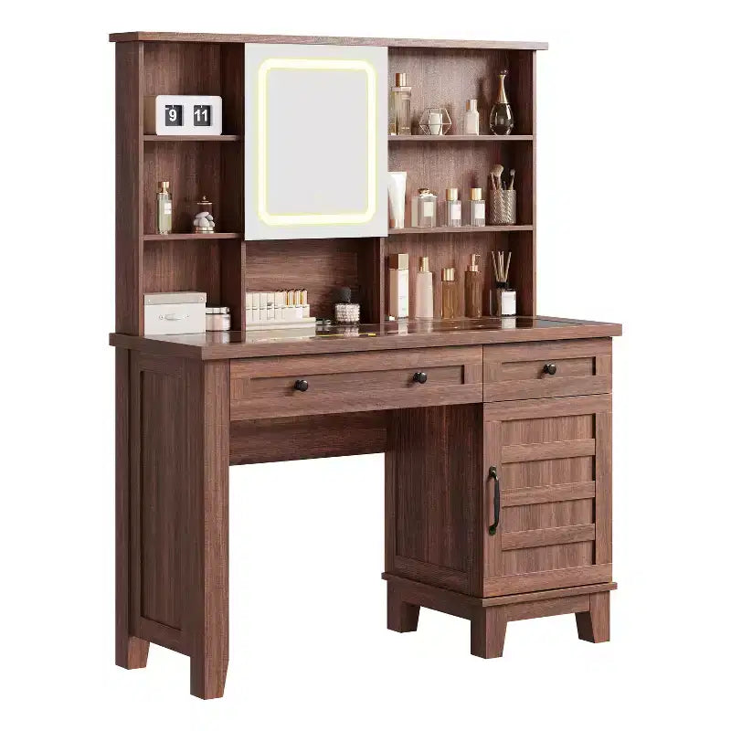 Farmhouse Makeup Vanity Desk with Mirror and Lights, Power Outlet, 2 Drawers and Cushioned Stool, Glass Top for Bedroom Dressing Room