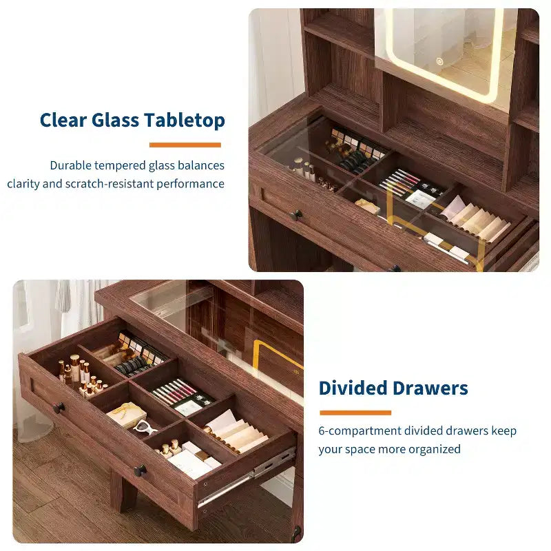 Farmhouse Makeup Vanity Desk with Mirror and Lights, Power Outlet, 2 Drawers and Cushioned Stool, Glass Top for Bedroom Dressing Room