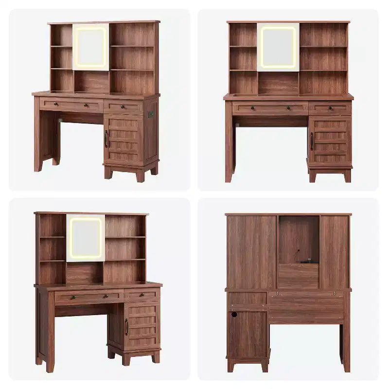 Farmhouse Makeup Vanity Desk with Mirror and Lights, Power Outlet, 2 Drawers and Cushioned Stool, Glass Top for Bedroom Dressing Room