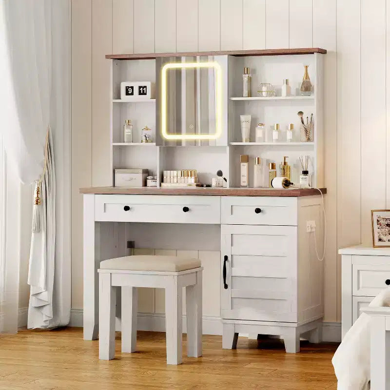 Farmhouse Makeup Vanity Desk with Mirror and Lights, Power Outlet, 2 Drawers and Cushioned Stool, Glass Top for Bedroom Dressing Room