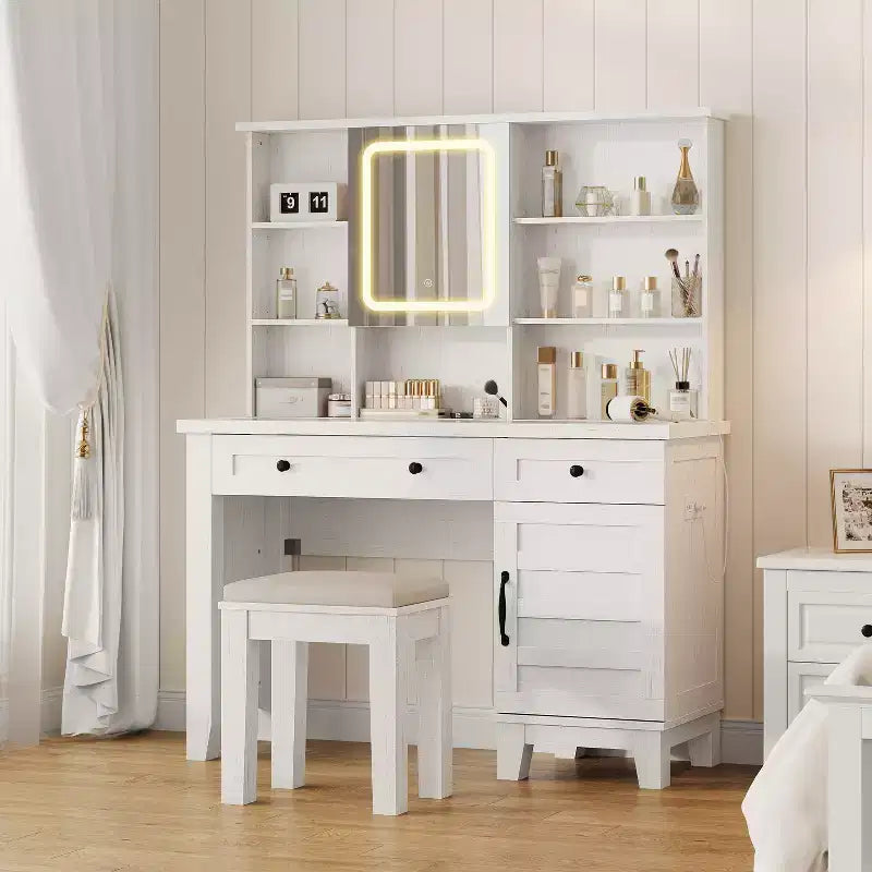 Farmhouse Makeup Vanity Desk with Mirror and Lights, Power Outlet, 2 Drawers and Cushioned Stool, Glass Top for Bedroom Dressing Room