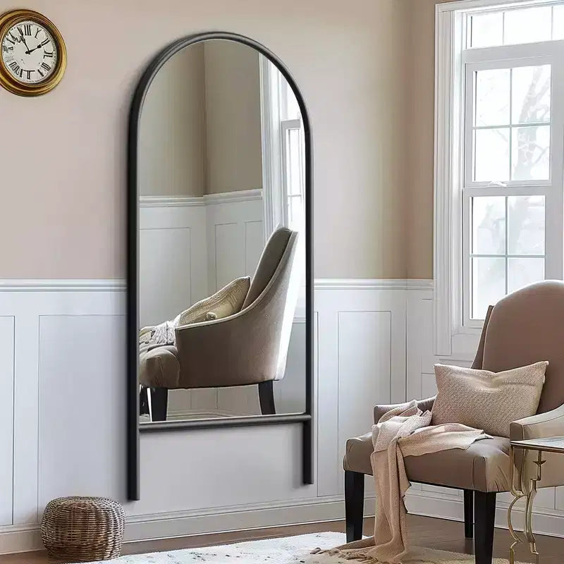 PexFix 31 in. W x 71 in. H Ladder-Style Arched Solid Wood Framed Mirror in Black