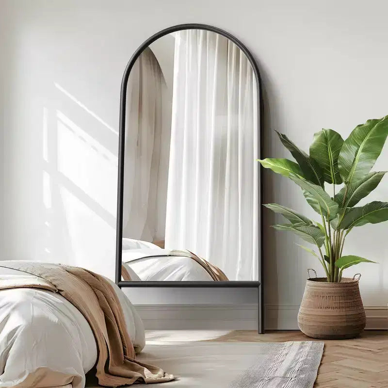 PexFix 31 in. W x 71 in. H Ladder-Style Arched Solid Wood Framed Mirror in Black