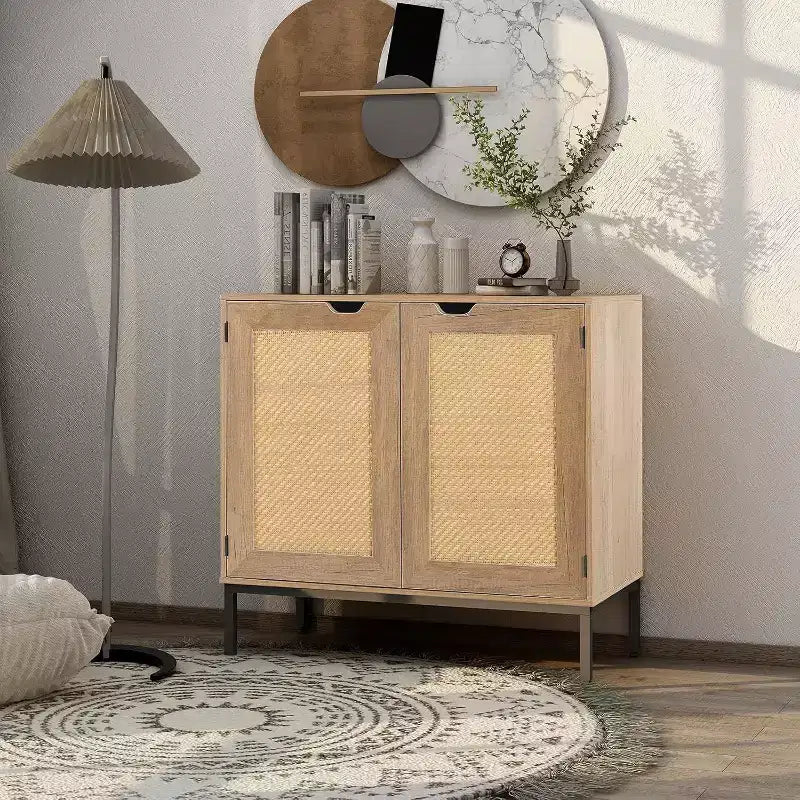 Acekool Rattan Storage Cabinet, 2-Door Sideboard with Metal Base, Modern Boho Accent Cabinet for Living Room, Entryway, Bathroom, Black