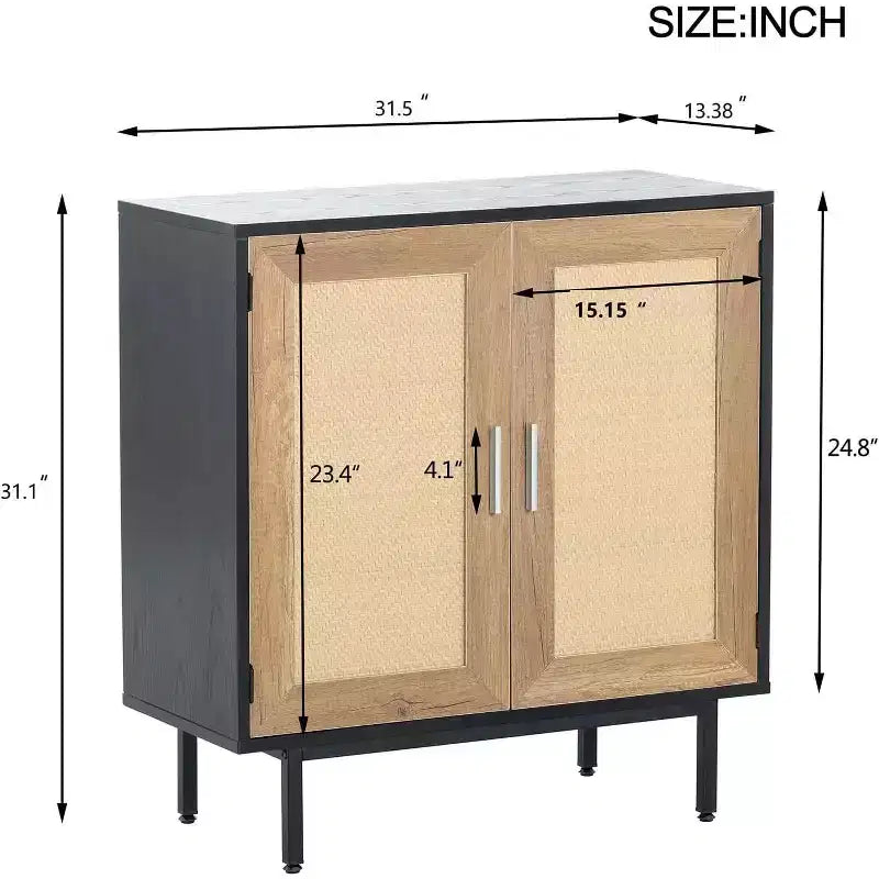 Acekool Rattan Storage Cabinet, 2-Door Sideboard with Metal Base, Modern Boho Accent Cabinet for Living Room, Entryway, Bathroom, Black