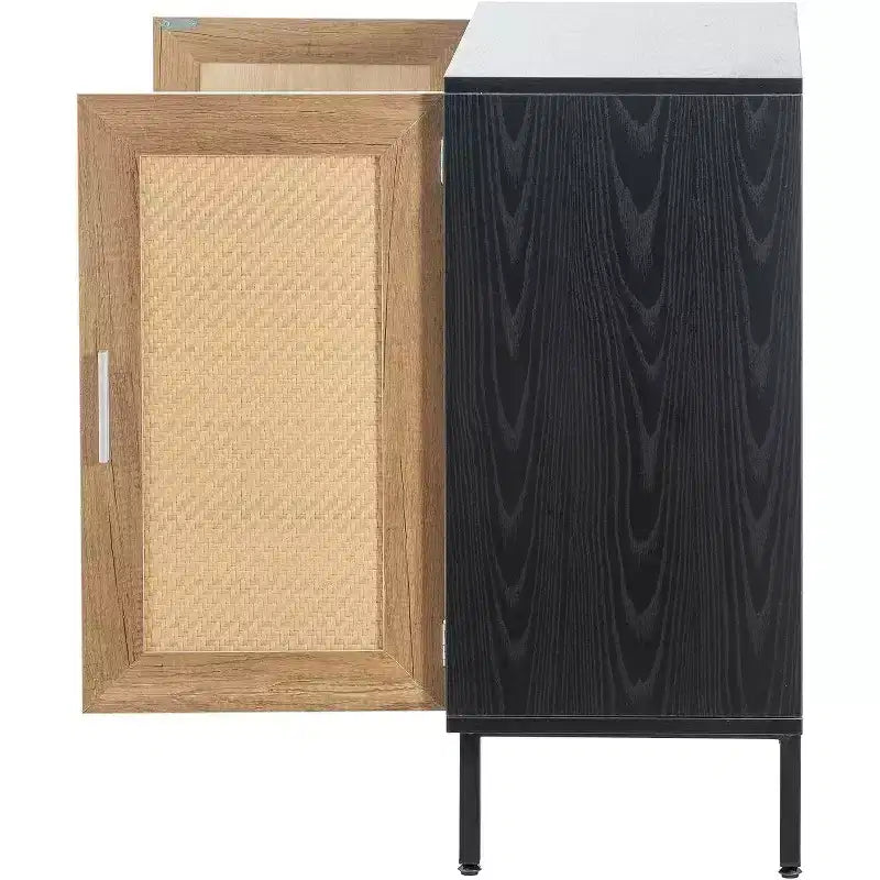 Acekool Rattan Storage Cabinet, 2-Door Sideboard with Metal Base, Modern Boho Accent Cabinet for Living Room, Entryway, Bathroom, Black