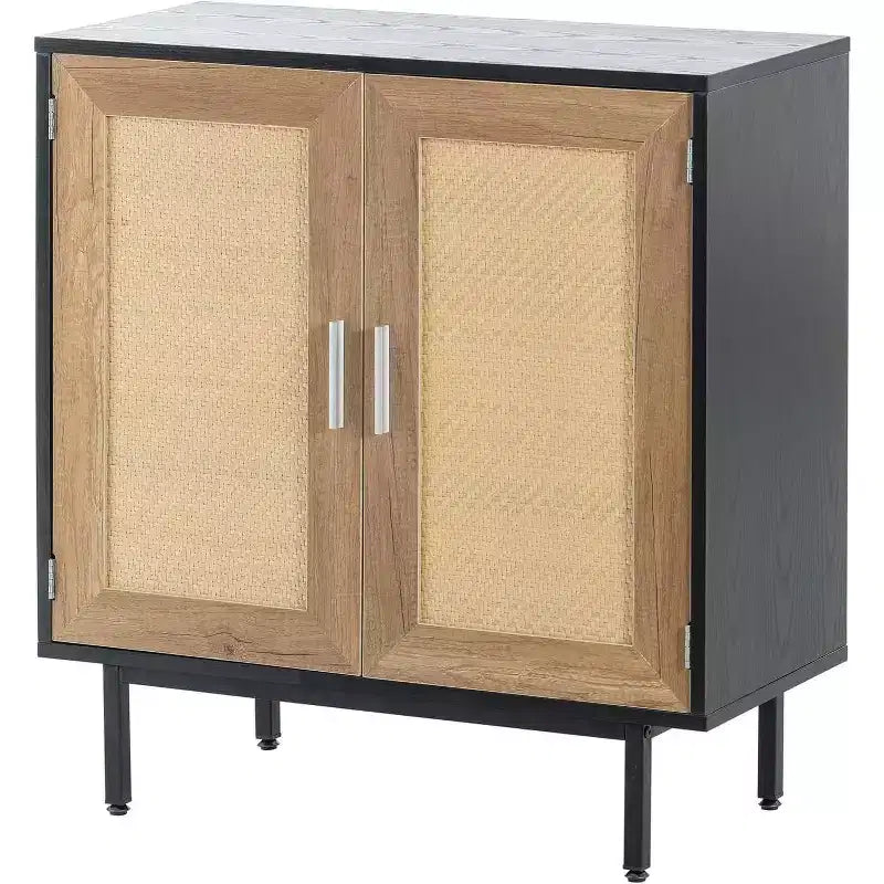 Acekool Rattan Storage Cabinet, 2-Door Sideboard with Metal Base, Modern Boho Accent Cabinet for Living Room, Entryway, Bathroom, Black
