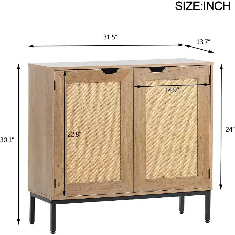 Acekool Rattan Storage Cabinet, 2-Door Sideboard with Metal Base, Modern Boho Accent Cabinet for Living Room, Entryway, Bathroom, Black