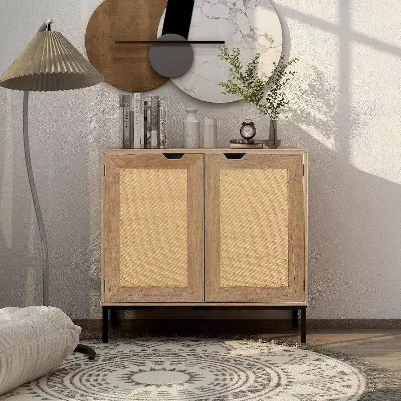 Acekool Rattan Storage Cabinet, 2-Door Sideboard with Metal Base, Modern Boho Accent Cabinet for Living Room, Entryway, Bathroom, Black