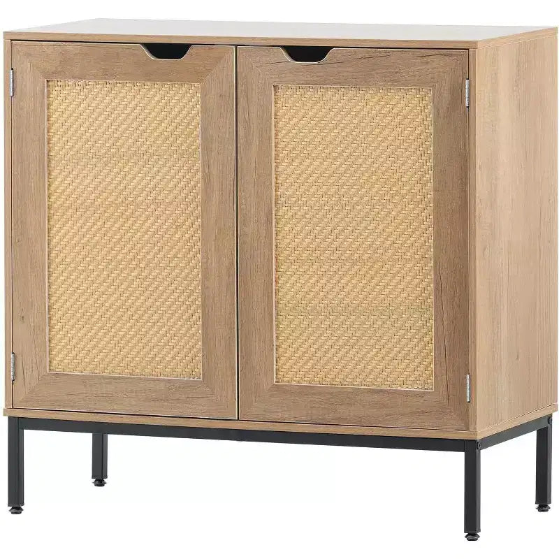 Acekool Rattan Storage Cabinet, 2-Door Sideboard with Metal Base, Modern Boho Accent Cabinet for Living Room, Entryway, Bathroom, Black
