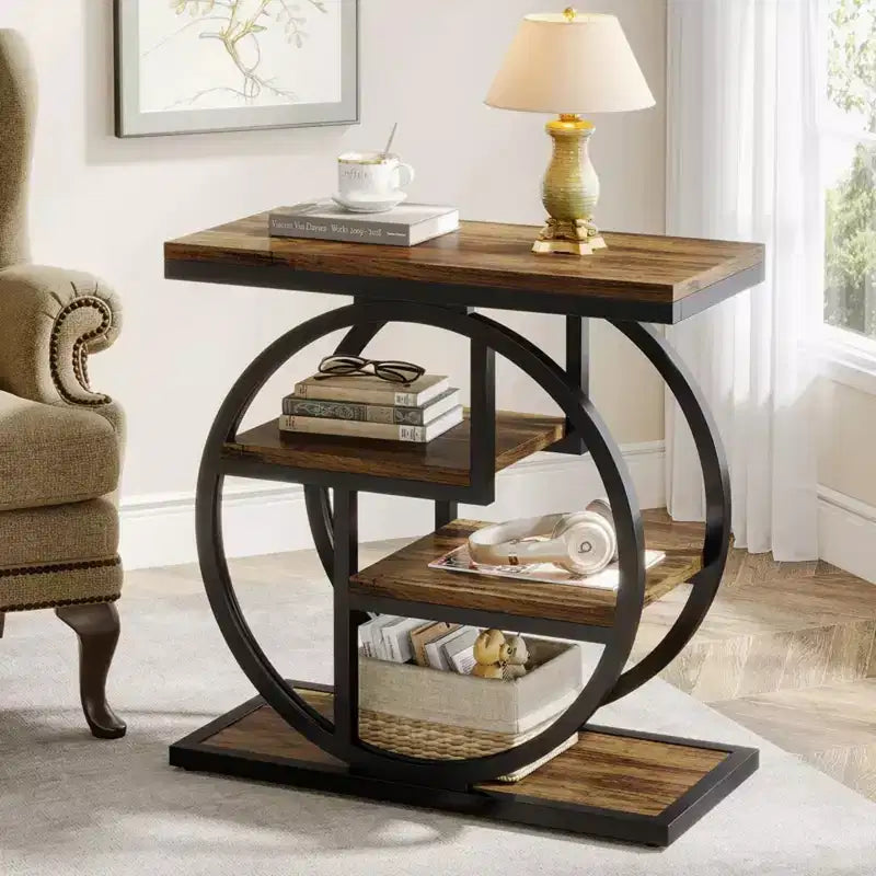 Brown Wood End Table 4-Tier Side Table with Storage Shelves