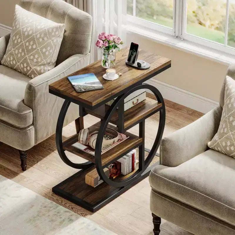 Brown Wood End Table 4-Tier Side Table with Storage Shelves