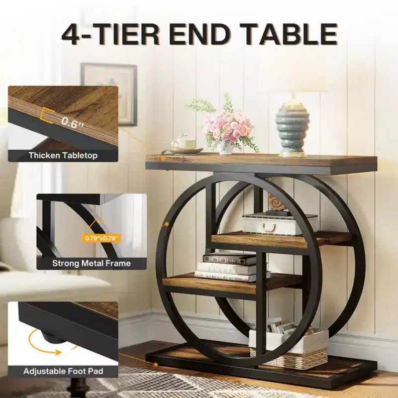 Brown Wood End Table 4-Tier Side Table with Storage Shelves