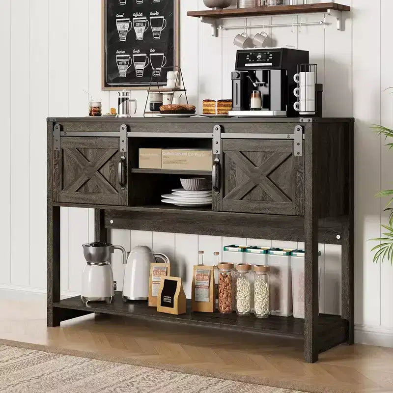 RoyalCraft Farmhouse Entryway Console Table with Storage Shelves, Sliding Barn Door and Spacious Tabletop for Living Room or Foyer, Dark Grey